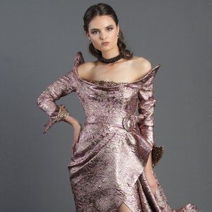 GORGEOUS Pre-owned Fouad Sarkis Couture Evening Pink/Gold Dress Gown - Sz 6 (42)